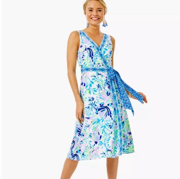 Lilly Pulitzer Dress Shaylee Midi Wrap Shell Beach Small Engineered 2 XS 4 - Picture 1 of 13